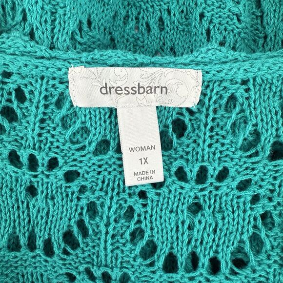 Dressbarn 1X Crochet Knit Teal Top 100%‎ Cotton 3/4 Sleeve Pullover Lightweight - Picture 5 of 9